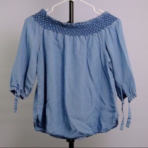 Over-the-shoulder Chambray top